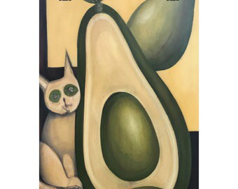 Art Deco Cat and Avocado Premium Matte Print