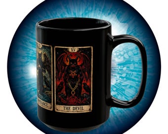 Black Cat Tarot Death Temperance Devil Hanged Man Mug | 15oz Black Ceramic Coffee Cup