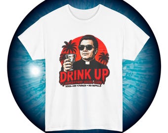 Drink Up Jonestown Priest Tee | Retro Palm Cocktail Graphic T-Shirt