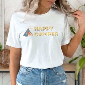 Happy Camper Short Sleeve Tee, Outdoorsy Type Shirt, Adventure Shirt, Hiking T-Shirt, Gift for Her Gift for Him, Camping Under the Stars