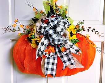 Fall Deco Mesh Pumpkin Wreath,  Pumpkin Wreath with Harlequin Bow