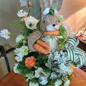 Easter Bunny Arrangement, Sisal Rabbit Centerpiece, Farmhouse Spring Table Arrangement
