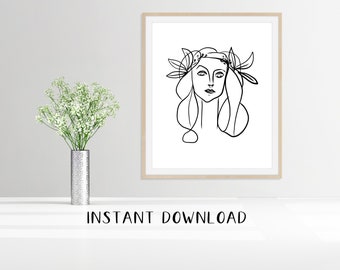 May include: A black and white line drawing of a woman's face with a floral crown. The drawing is in a simple, minimalist style. The woman's hair is long and flowing, and her eyes are closed. The floral crown is made up of simple, stylized flowers.