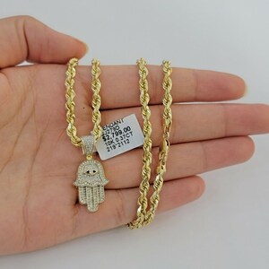 solid 10k gold rope chain diamond pendant hamza hand charm necklace 22&quot; set real