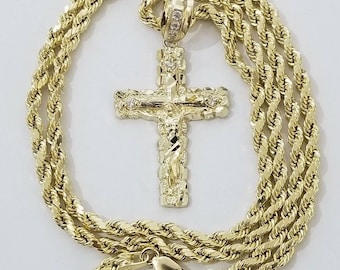 real 10k gold rope chain necklace jesus cross charm pendant set 16-28&quot; inch 3mm