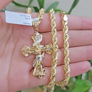10k gold rope chain necklace jesus cross charm pendant set 18-28&quot; inch 5mm, real