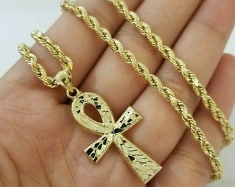 real 10k yellow gold rope chain ankh cross charm pendant 3mm necklace set 16-26"