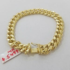 real 14k yellow gold bracelet 9 inch miami cuban link 9mm men&#39;s 14kt sale