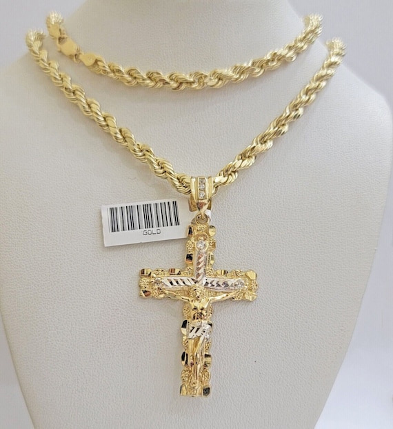 Real 10k Gold Rope Chain With Cross Charm Pendant Set 24 Inch 4mm