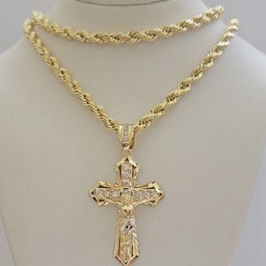 10k gold rope chain necklace cross charm jesus pendant set 18-28&quot; 5mm, real 10kt