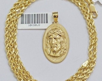 10k gold rope chain jesus head charm pendant set 18-28" inch 3mm necklace real