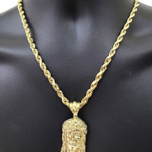 real 10k rope chain and jesus head charm pendant 7mm 18&quot;-28&quot; necklace & jesus face