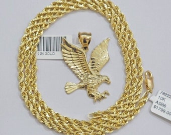 10k yellow gold rope chain eagle charm pendant set 18"-28 inch 3mm necklace real