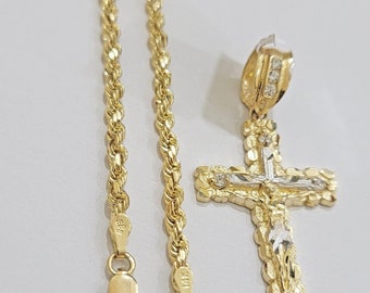real 14k gold rope chain necklace jesus cross charm pendant set 16-28" inch 3mm
