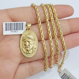 10k gold rope chain jesus head charm pendant set 22&quot; inch 3mm necklace real sale