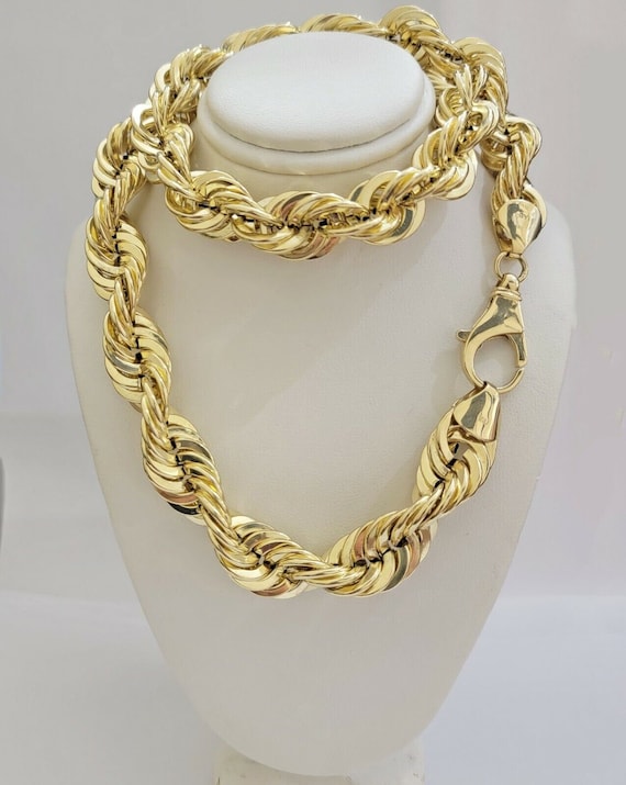 Real 10k Yellow Gold Rope Chain Necklace 15mm Thick 22 Diamond Cut  Hollow,short 