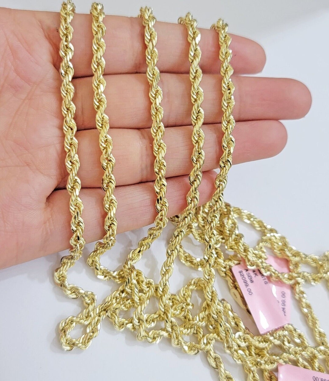 Real 14k Gold Rope Chain 26 Inch 4mm Diamond Cuts 14kt Yellow Gold Men ...