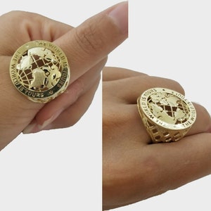 Real 10K Yellow Gold World Map Mens Ring The World Is Yours Engraved Ring Unique