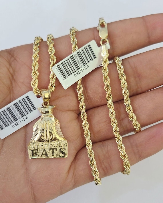 10kt yellow gold rope chain everybody eats charm pendant 18-28 inch necklace 3mm