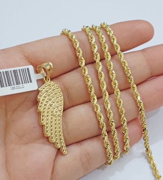 10k gold rope chain angel wing charm pendant set 22