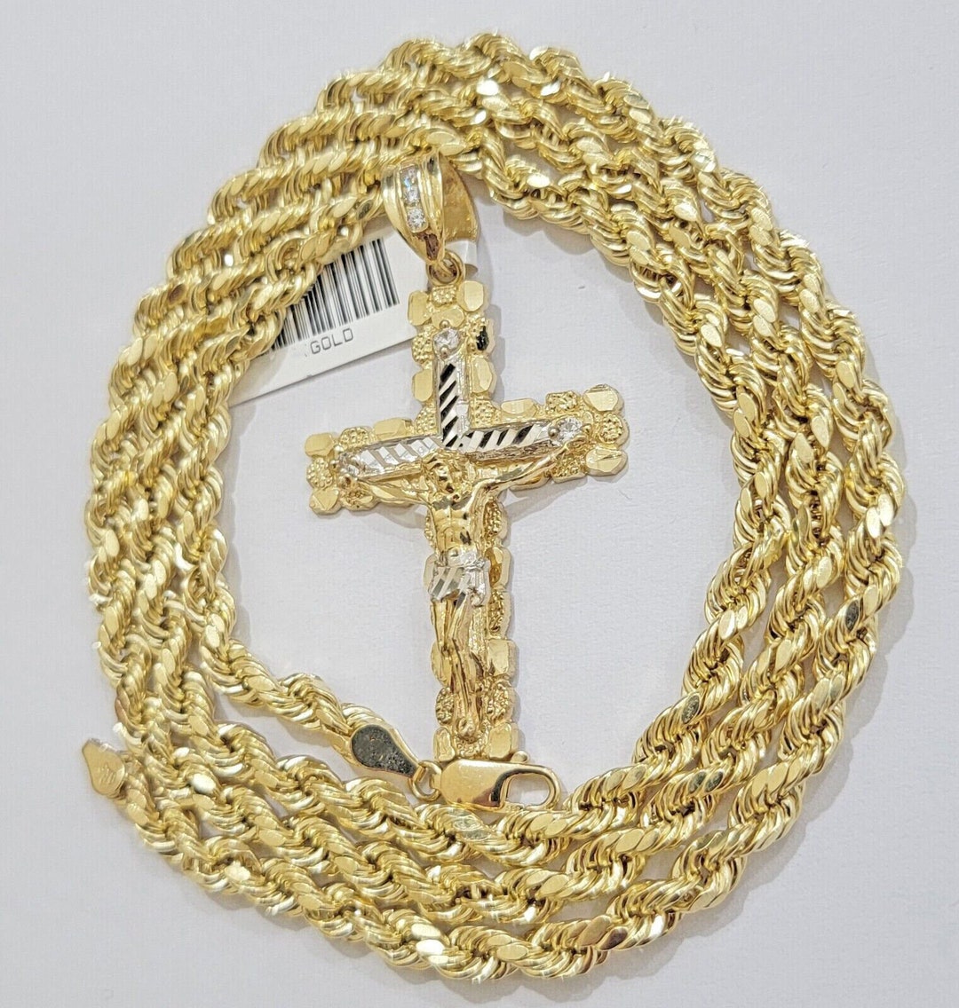 Real 10k Gold Rope Chain Jesus Cross Charm Pendant Set 22 Inch 4mm