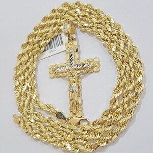 real 10k gold rope chain 20 inch jesus cross charm pendant set 5mm necklace mens