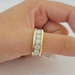 real 14k 1ct diamond ring men&#39;s band channel-set round diamond two-tone gold
