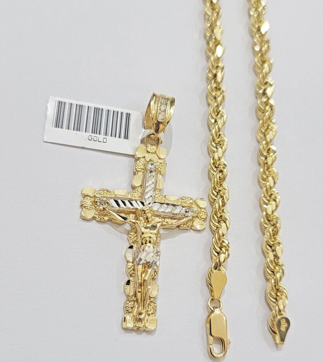 Real 10k Gold Rope Chain Jesus Cross Charm Pendant Set 1828 Inch 4mm