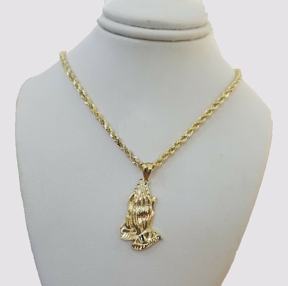 Real 10k yellow gold chain charm praying hand pendant 26 3mm rope necklace Etsy