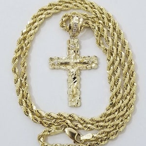 real 10k rope chain and cross charm pendant 3mm necklace jesus cross set 16"-28"