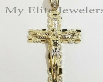 10k yellow gold cross pendant men's jesus crucifix charm 3" , fits thick chain