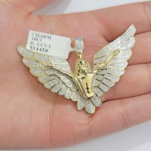 real gold diamond angel wing charm pendant 10k yellow gold 1.17 ct mens 1.5 inch