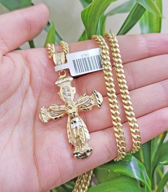 Small Cuban Link With Cross Pendant Gold Solid 14K Gold Cross