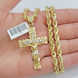 real 10k gold rope chain 18 inch & jesus cross charm pendant set 5mm necklace