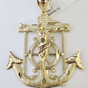 solid 10k yellow gold charm anchor pendant mens real 10 kt with jesus crucifix