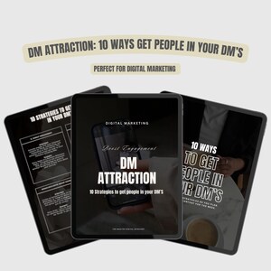 Puede incluir: Una guía de marketing digital con el título "DM Attraction: 10 Ways Get People in Your DM's" y el subtítulo "Perfecto para el marketing digital". La guía presenta 10 estrategias para obtener personas en tus mensajes directos.
