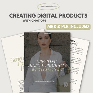 Puede incluir: Una portada de libro con una mujer en la portada. El título es "Crear productos digitales con Chat GPT" y el subtítulo es "Para obtener ingresos pasivos en Etsy".