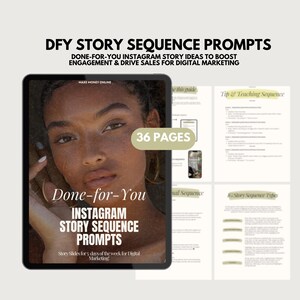 Może przedstawiać: Okładka produktu cyfrowego z twarzą kobiety z przodu. Okładka nosi tytuł "Done-for-You Instagram Story Sequence Prompts" i zawiera napis "Story Slides for 5 days of the week for Digital Marketing!" Okładka zawiera również napis "36 Pages".
