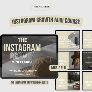 Puede incluir: Una maqueta de producto digital para un mini curso de crecimiento de Instagram. El curso incluye módulos sobre la comprensión del algoritmo, consejos sobre hashtags, la creación de contenido viral, la maximización de la visibilidad y la preparación de tus publicaciones. El curso está disponible para la revente y los derechos de marca privada.