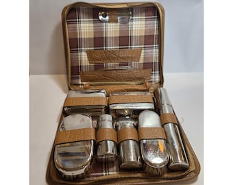 Vintage Men's Travel Grooming Kit Leather Case Safety Razor Brush Set Shaving