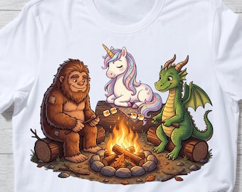 Cute Bigfoot Unicorn Dragon Campfire Camping PNG: Fantasy Adventure Nature Lover png Woodland Magic Art (Digital Download)
