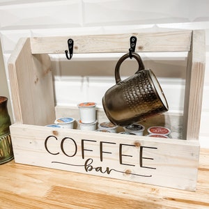 ANRXNCY 2 Tier Coffee Station Organizer, Rustic Coffee Bar Accessories  Organizer for Coffee Bar Decor, Coffee Pods K Cup Holder with Mug Hooks,  Wood