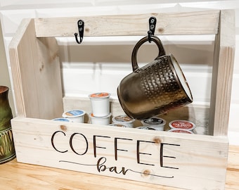 Rustic Farmhouse Coffee Bar / Organizer – Wooden Coffee Station with Mug Hooks & Storage – Kitchen Counter Coffee Stand