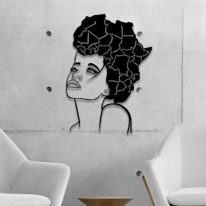African Woman, with Africa Map, Metal Wall Art, Wall Decor, Wire Art Wall Decor, Minimalist Wall Art, Woman Line Drawing, Above Bed Decor