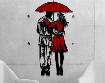 Colorful Couple with Umbrella, Lovers in the Rain, Metal Wall Art, Multicolor Metal Wall Art, Couples Gift, Girlfriend Gift, Wife Gift