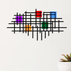 Decoração de parede de metal moderna e luxuosa, arte de parede de meados do século, escultura de parede de metal abstrata, decoração acima da cama, arte de metal multicolorida, arte de parede geométrica