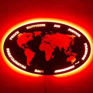 Letrero de metal y LED, letrero de mapa mundial, letrero LED de mapa mundial de metal, arte de pared de metal, letrero LED, mapa mundial iluminado, decoración de pared ligera, lámpara de pared LED
