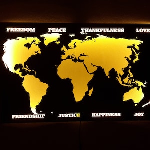 Metall & LED-Schild, Weltkarte Zeichen, Metall Weltkarte LED Schild, Metall Wandkunst, LED Schild, beleuchtete Weltkarte, Licht Wand Dekor, LED Wandleuchte