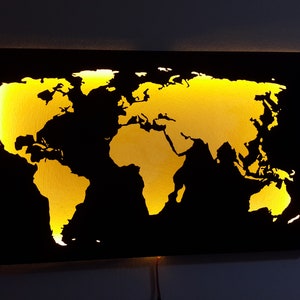 Letrero de metal y LED, letrero de mapa mundial, letrero LED de mapa mundial de metal, arte de pared de metal, letrero LED, mapa mundial iluminado, decoración de pared ligera, lámpara de pared LED