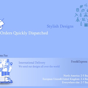 May include: Illustration of a package being shipped with the text "Orders Quickly Dispatched" and "Stylish Designs". The image also includes a globe with a plane and a shipping container on a truck, with the text "International Delivery" and "Free & Express Shipping".